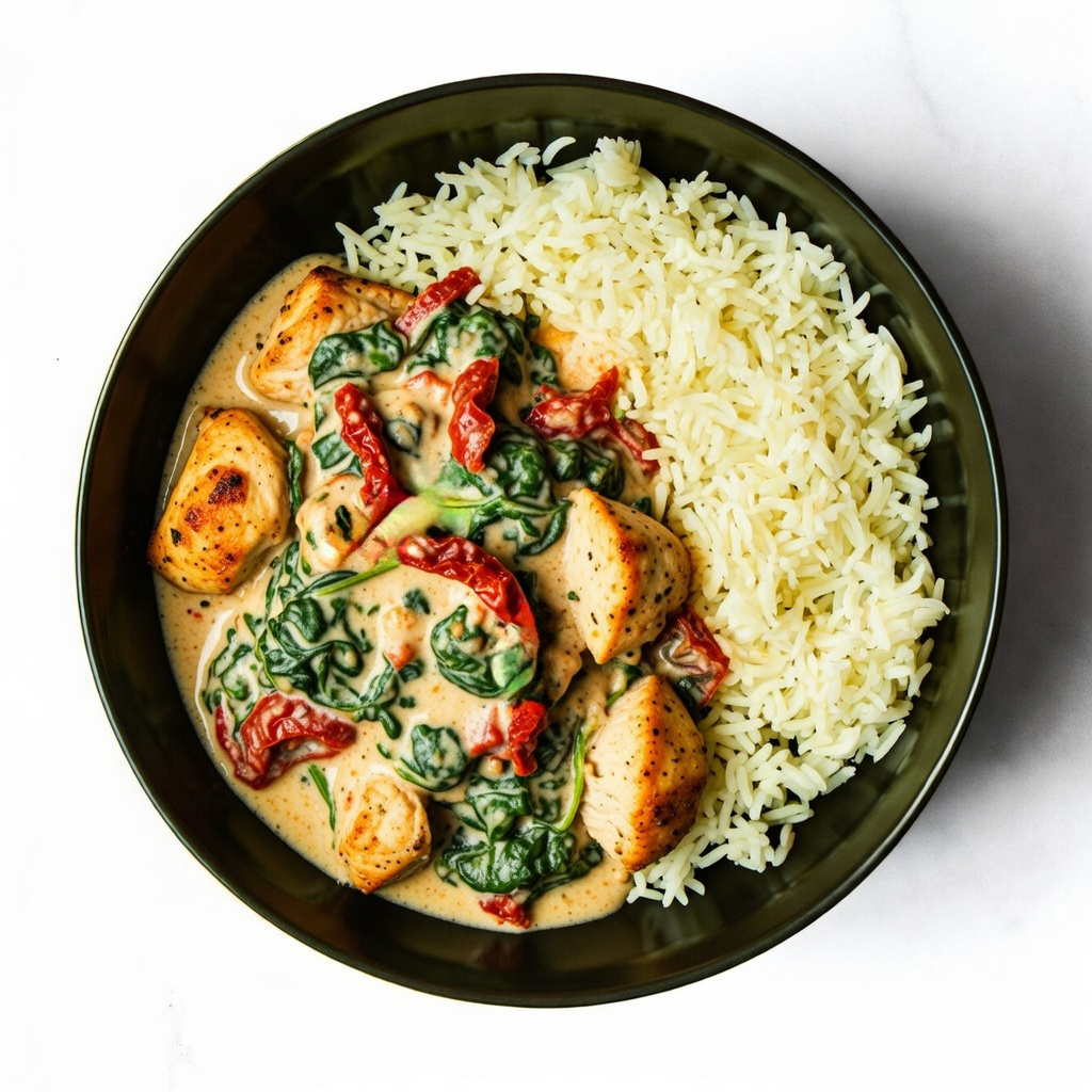 A black bowl of Rustic My Ass—creamy chicken with spinach and sun-dried tomatoes—served with white rice.
