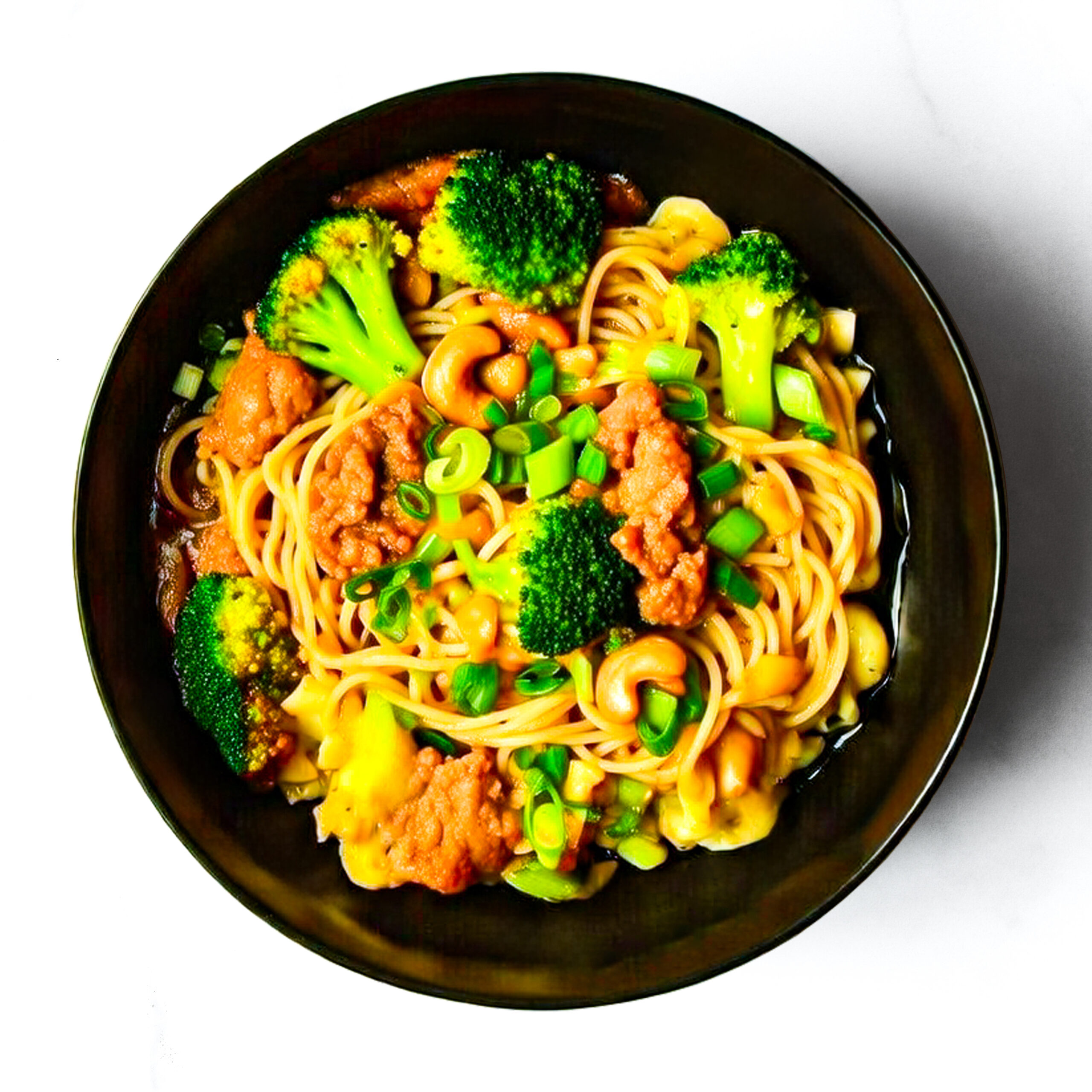 The Redneck Riviera: a black bowl with noodles, broccoli, cashews, green onions, and red sauce on a white surface.