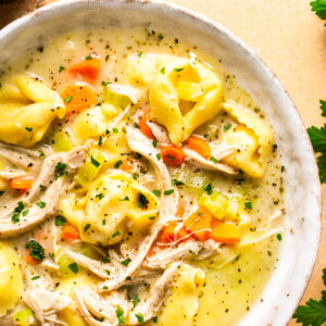 A bowl of tortellini 911 with shredded chicken, tortellini, carrots, celery, and savory herbs.