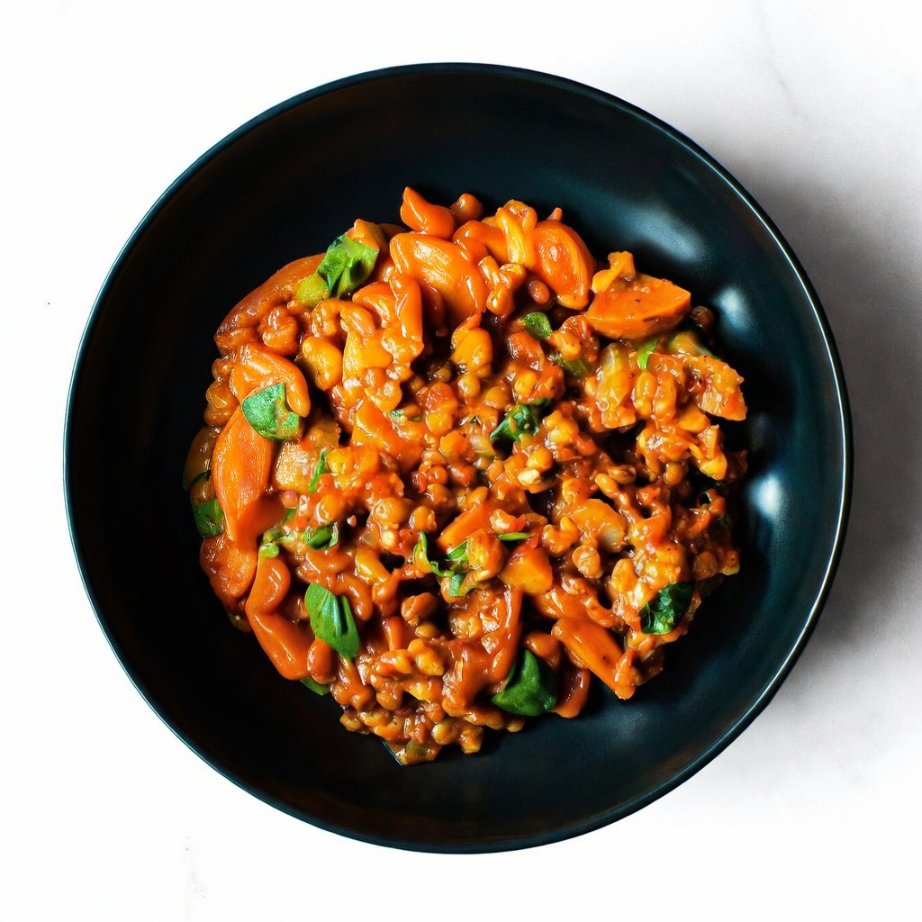 A black bowl of Mac To The Face—pasta in a tomato-based sauce with lentils and spinach—seen from above on a white surface.