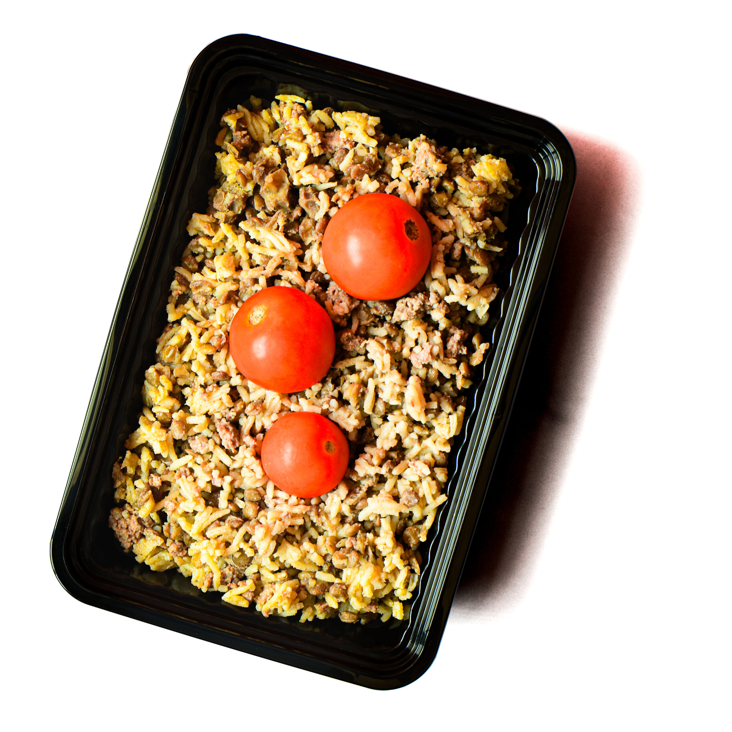 Operation Cajun Fit is a black plastic container with rice, ground meat, and three whole cherry tomatoes on top.