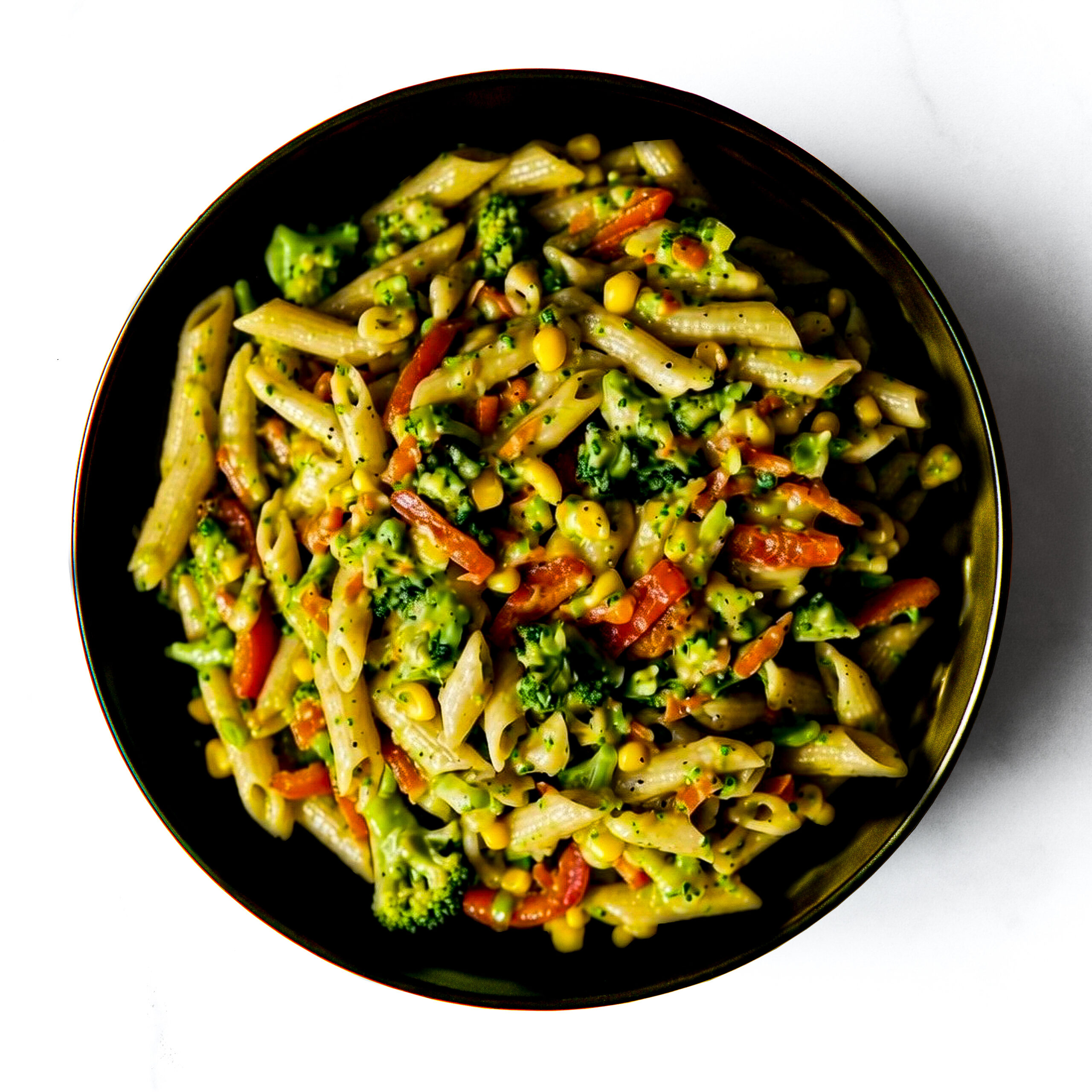 A bowl of Engine 38 Tortellini mixed with broccoli, corn, and red bell peppers in a light sauce on a white background.