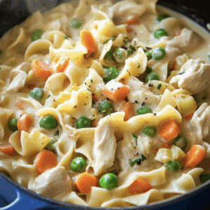 A close-up of Chicken Pot Pasta with egg noodles, chunks of chicken, peas, carrots, and celery, topped with black pepper and herbs.