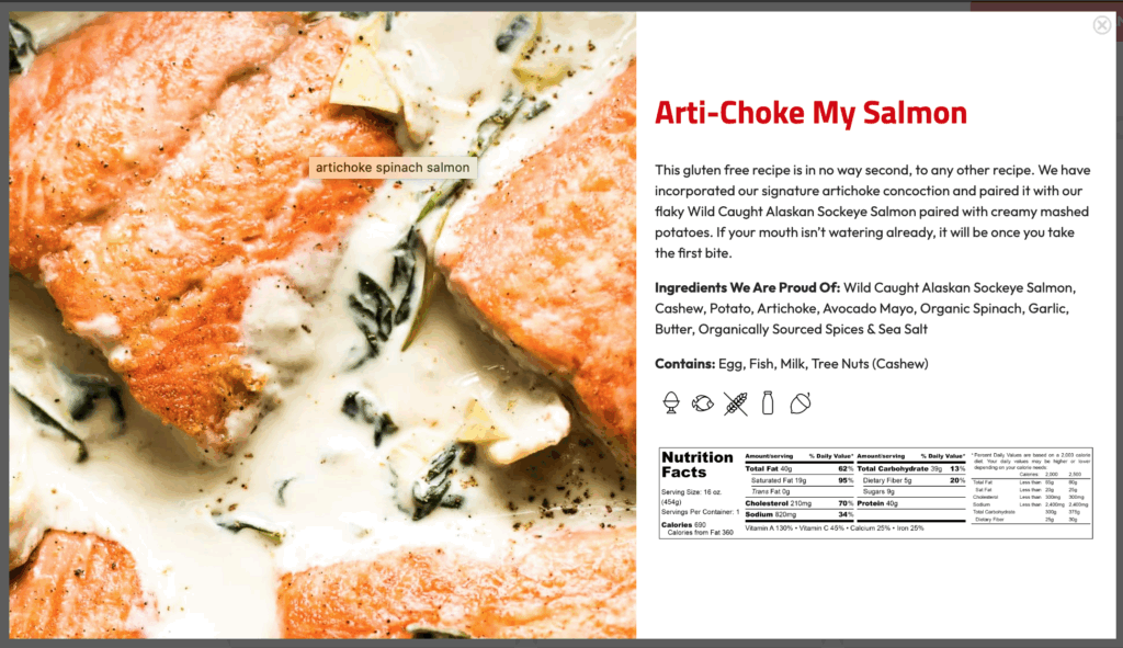 Close-up of cooked salmon fillets in a creamy white sauce with spinach and artichoke, featured as one of our delicious gluten-free meals, with recipe and nutritional info on the right.