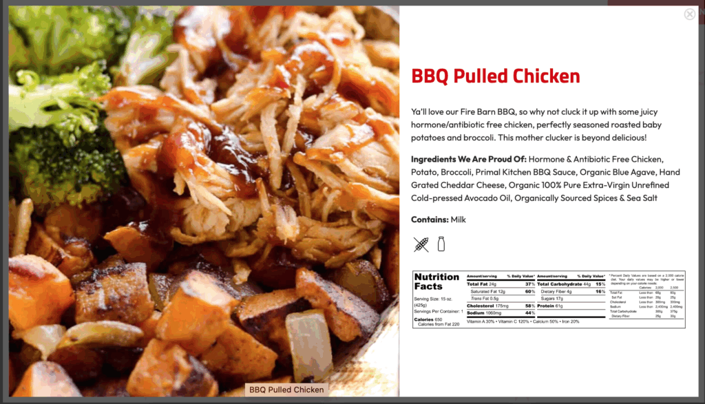 A close-up of BBQ pulled chicken with barbecue sauce, served with roasted potatoes and onions—one of our tasty Gluten-Free Meals. Nutrition facts and ingredients are listed on the side.