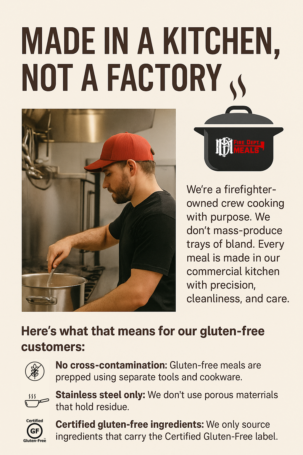 A man in a red shirt and black cap cooks in a commercial kitchen, with text highlighting Gluten-Free Meals preparation standards for a firefighter-owned company.