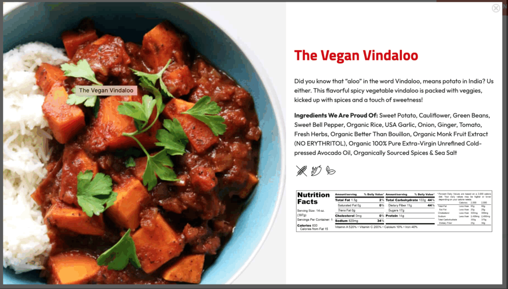 A bowl of vegan vindaloo with sweet potato chunks in red sauce, garnished with cilantro, over white rice. This gluten-free meal’s ingredients and nutrition facts are listed beside the bowl.