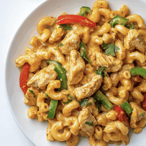 Chicken Fajita Mac & Cheese features macaroni pasta, cooked chicken strips, red and green bell peppers, and a creamy cheese sauce topped with cilantro.