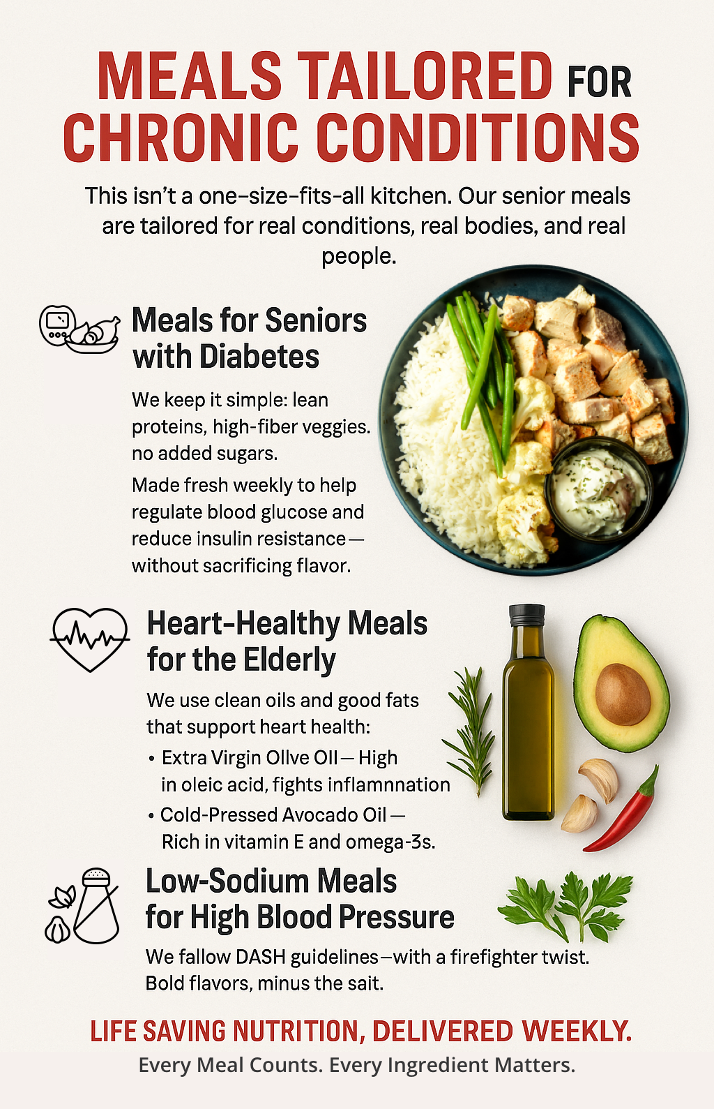 Informational poster about senior meal delivery for chronic conditions, featuring plates of diabetic, heart-healthy, and low-sodium meals for seniors, plus nutrition tips.