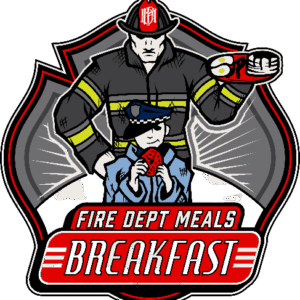 Illustration of fire fighters and a police officer holding breakfast plates, with Fire Dept Meals Breakfast text below—perfect for healthy meal delivery in Orlando.