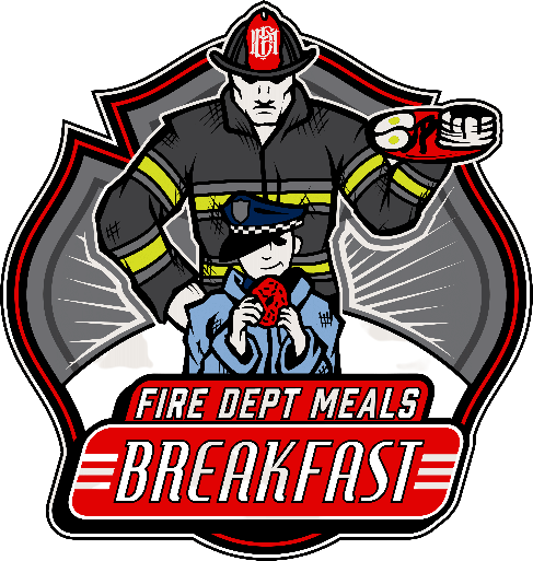 Illustration of fire fighters and a police officer holding breakfast plates, with Fire Dept Meals Breakfast text below—perfect for healthy meal delivery in Orlando.