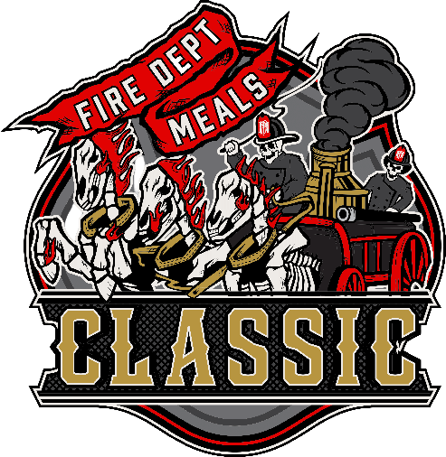 Logo featuring fire fighters on a horse-drawn fire engine with flames, steam, and the text Fire Dept Meals Classic—perfect for promoting healthy meal plans.