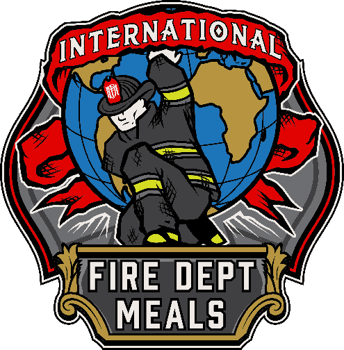 Logo featuring a firefighter in uniform with a globe and the text International Fire Dept Meals on a banner, highlighting healthy meal delivery for first responders.
