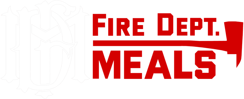 Logo with stylized white letters FDM on the left and the words Fire Dept. Meals in bold red text with an axe graphic at the end.