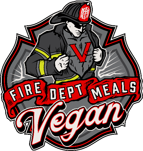 Illustration of a firefighter opening his jacket to reveal a V on his chest, with the text Fire Dept Meals Vegan and “never frozen healthy meal delivery” in bold, stylized lettering.