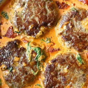 Tuscan Chopped Steak features four browned beef patties in a creamy orange sauce with spinach and sun-dried tomatoes, served in a red skillet.