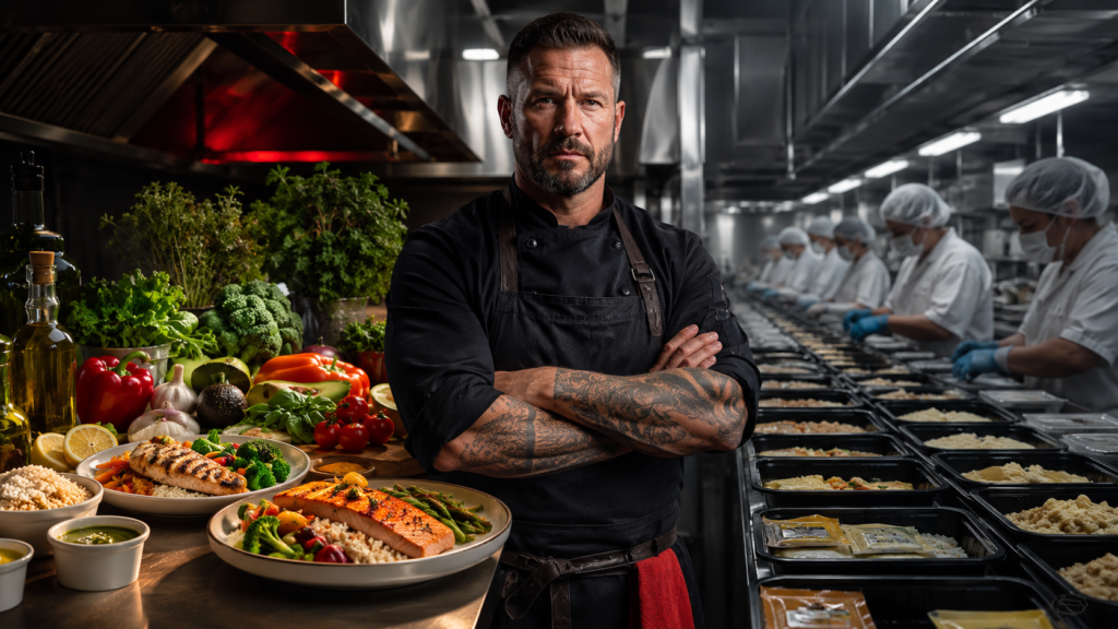 Fire Dept. Meals chef standing with clean ingredients and prepared meals beside factory-style meal delivery trays.