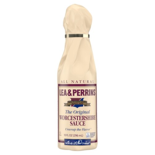 A 10 fl oz bottle of Lea & Perrins The Original Worcestershire Sauce with a beige paper wrap and purple label.