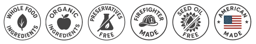 Six circular icons: whole food ingredients, organic, preservative-free, firefighter made, seed oil free, and American made—perfect for healthy meal plans or meal delivery Orlando services.