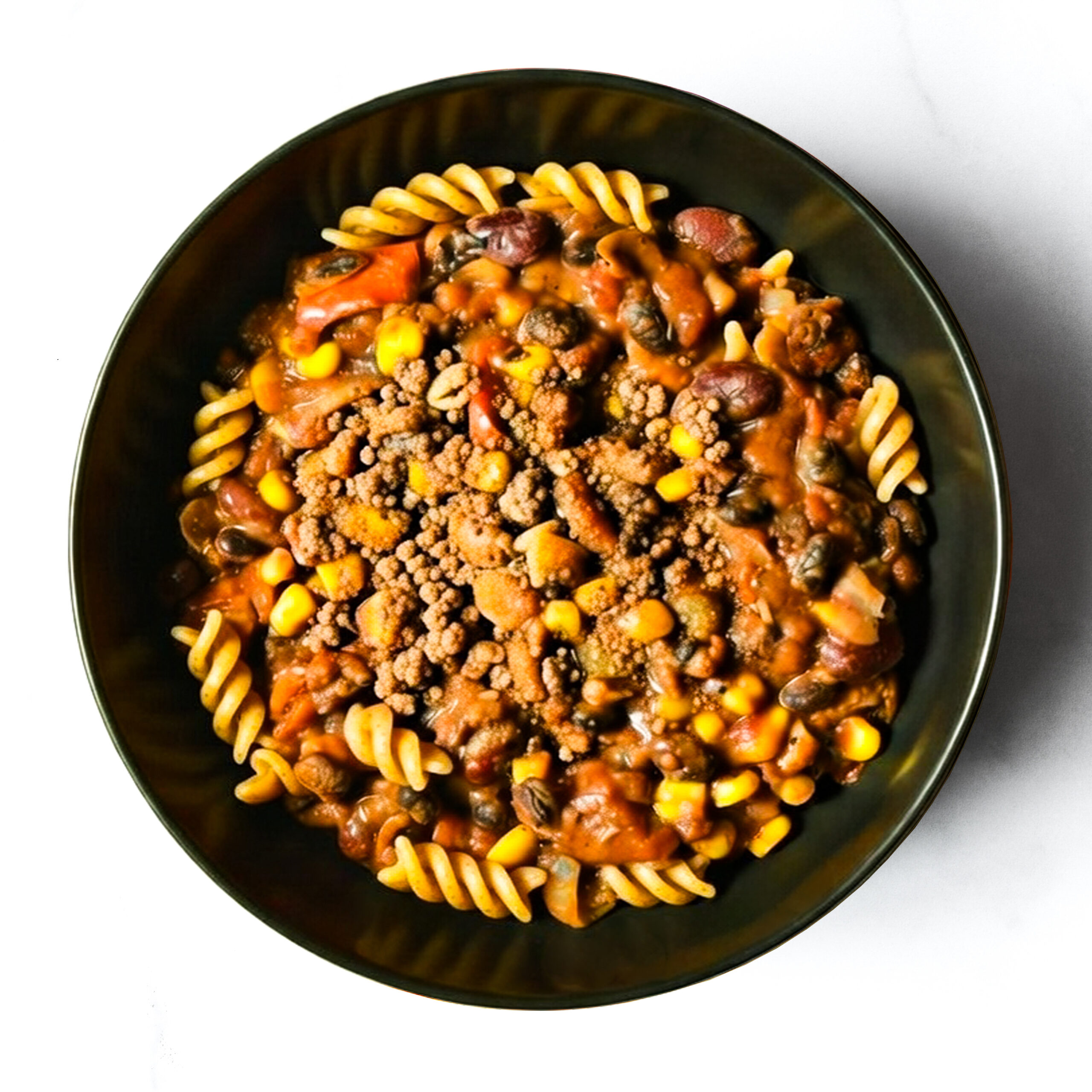 A bowl of The F*d Up Fajita rotini pasta topped with chili, ground meat, kidney beans, corn, and tomato sauce.