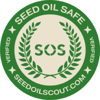 Green circular Seed Oil Safe Verified badge with laurel design and SOS in the center, along with the website seedoilscout.com at the bottom.