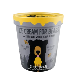 Queen & Bean pint: Triple chocolate French ice cream for bears, with bear graphic, sweetened with raw honey, grass-fed dairy, no refined sugars.