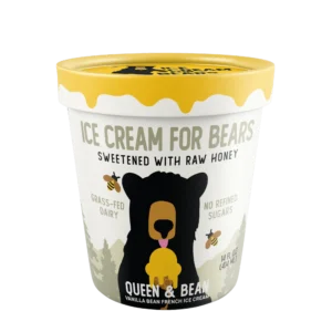 A pint of Queen & Bean vanilla bean French ice cream, “Ice Cream for Bears,” with a bear, bees, grass-fed dairy, and no refined sugar on the label.