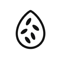 A black outline of a water droplet shape with five oval seeds inside, centered on a white background.