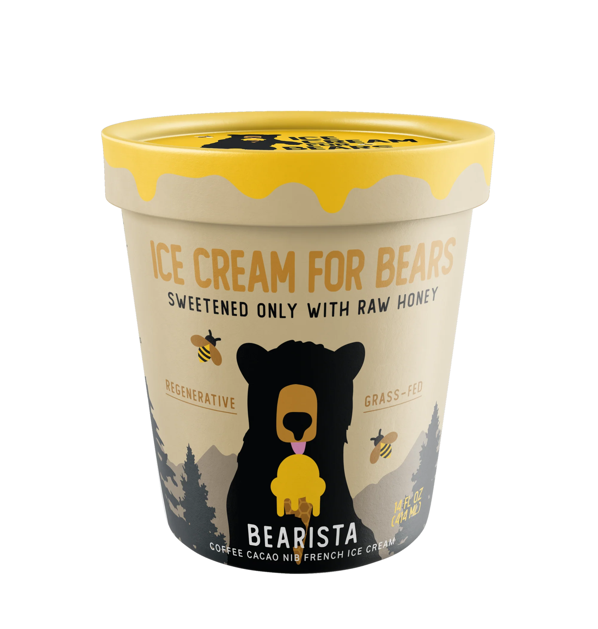 A pint of Bear-ista ice cream, sweetened with raw honey, features a bear on the label and highlights regenerative, grass-fed ingredients. Available now!.