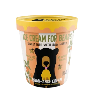 A pint of Roar-ange Cream ice cream for bears, with a bear illustration; orange cream flavor, raw honey-sweetened, grass-fed dairy, and no refined sugars.