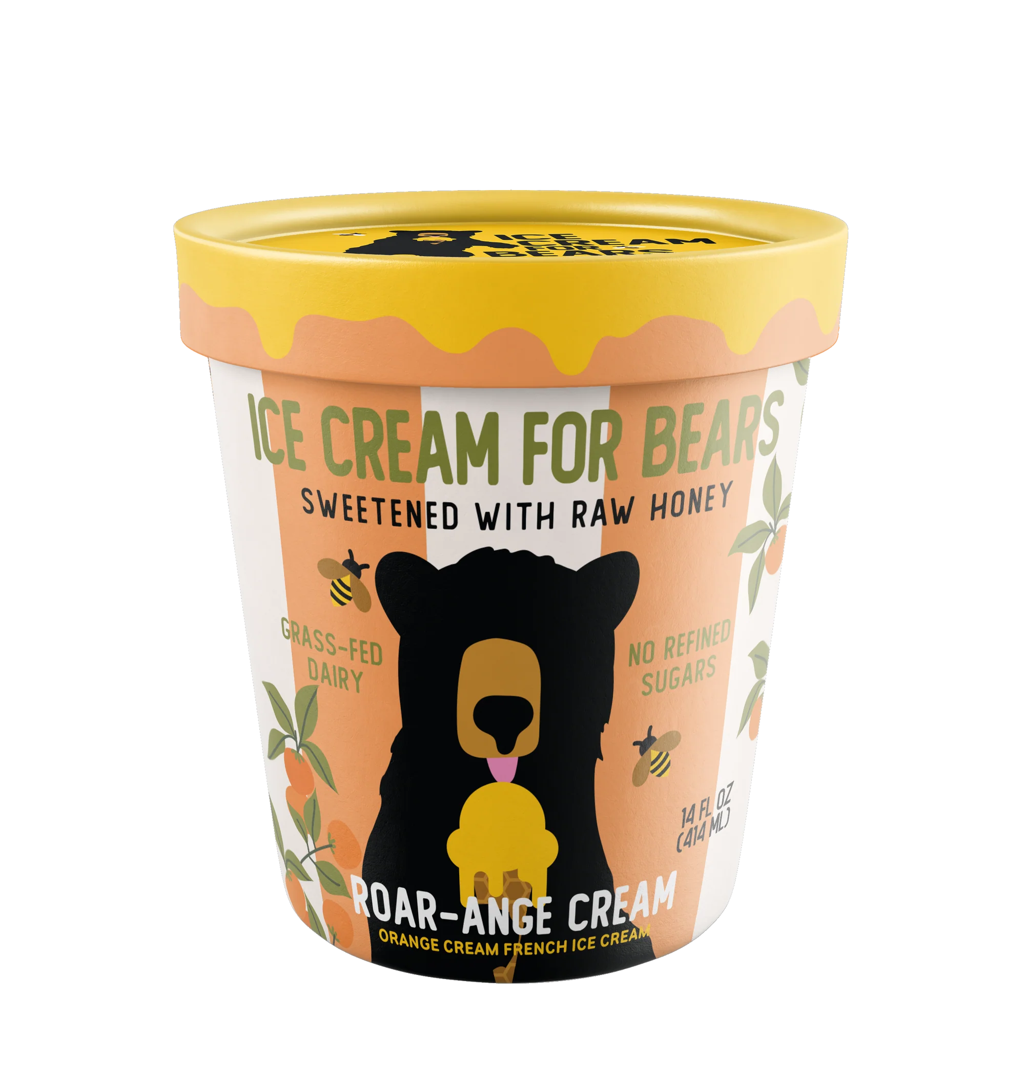 A pint of Roar-ange Cream ice cream for bears, with a bear illustration; orange cream flavor, raw honey-sweetened, grass-fed dairy, and no refined sugars.