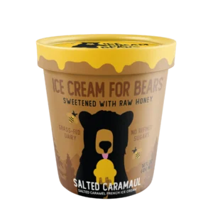 Salted Caramaul - Coming Soon: A salted caramel ice cream for bears, sweetened with raw honey, grass-fed dairy, no refined sugar, featuring a bear illustration.