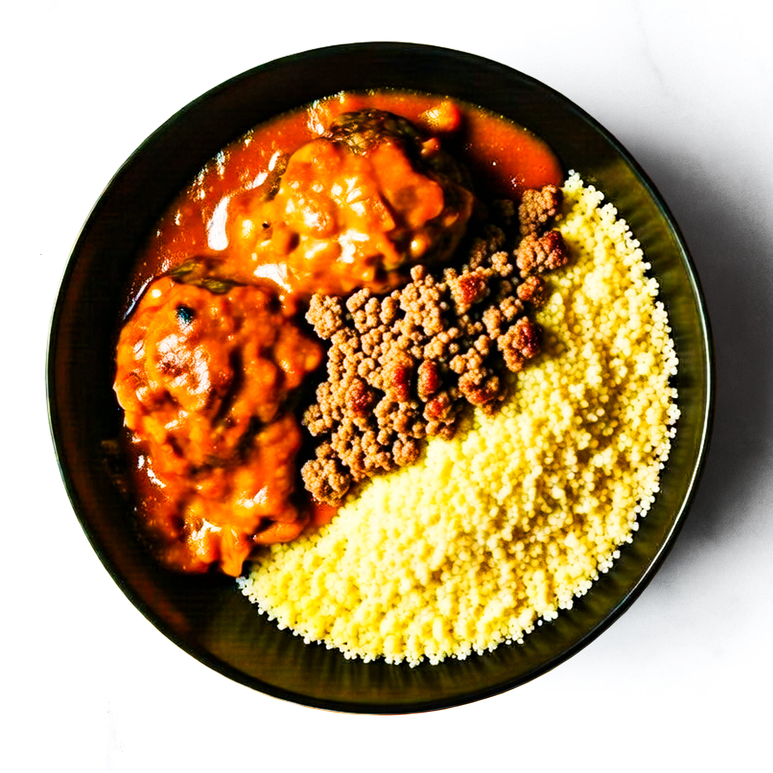 A black bowl containing yellow couscous, minced meat, and two meatballs in red sauce on a white background.