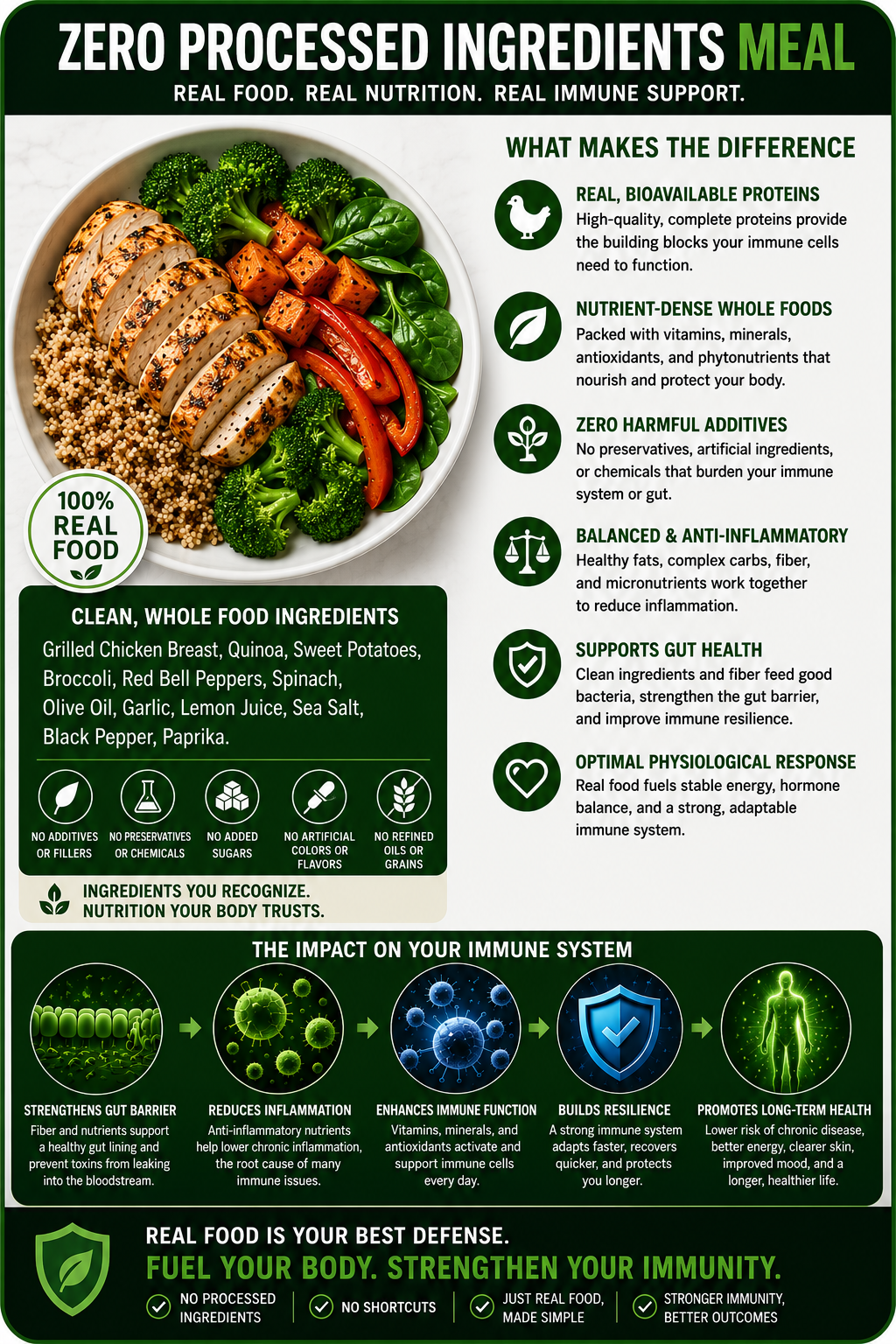 “Premium health and nutrition infographic explaining how minimally processed meals support immune system function, gut health, inflammation control, and long-term resilience. Features clean whole-food ingredients including grilled chicken breast, quinoa, broccoli, spinach, sweet potatoes, olive oil, garlic, and nutrient-dense vegetables. Educational wellness graphic highlights real proteins, intentional ingredients, balanced nutritional inputs, fewer inflammatory additives, stable physiological response, and immune-supportive nutrition. Modern green and black medical-style design created for a high-end functional nutrition and clean meal prep brand.”