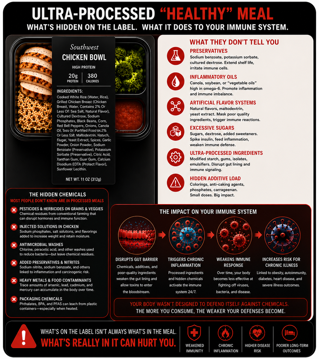 Infographic comparing ultra-processed foods versus minimally processed meals and their impact on inflammation, immune system function, recovery, metabolic health, and viral resilience.