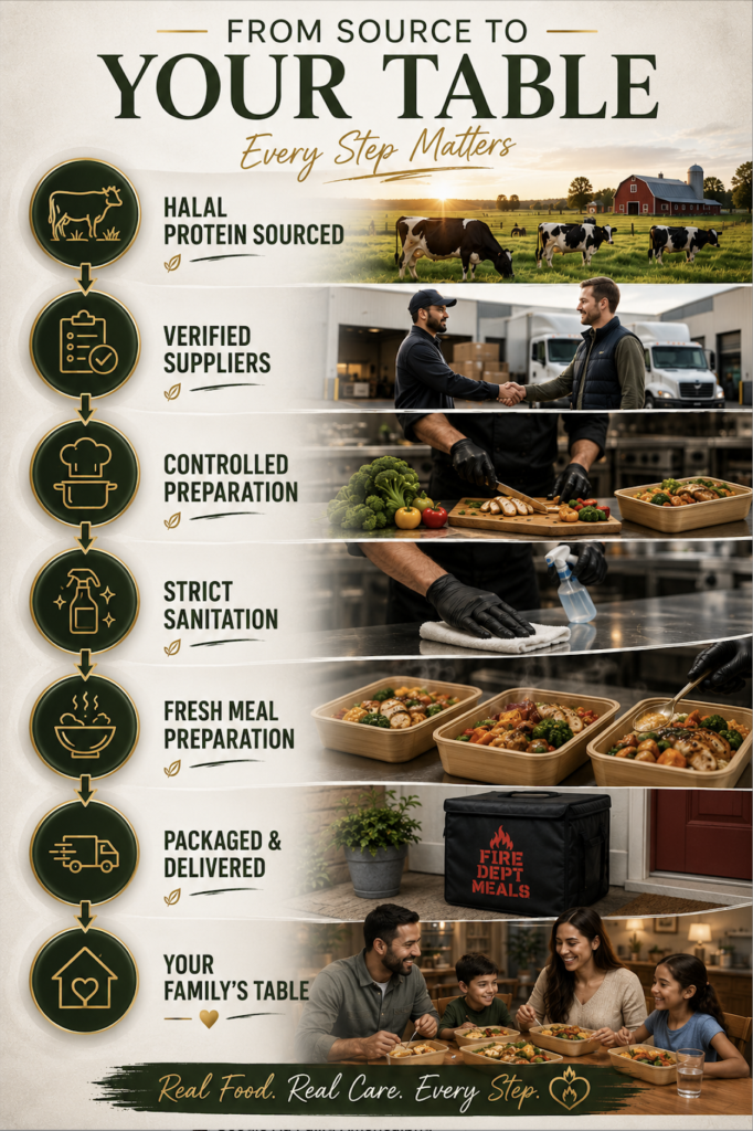 Halal meal delivery infographic showing Halal-certified protein sourcing, food preparation, sanitation practices, packaging, delivery, and family meals.